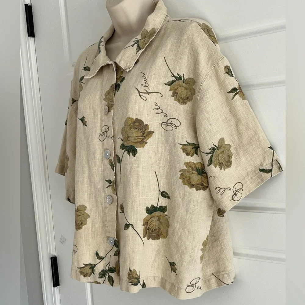 Sweet Jessie 100% Linen Neutral Floral Short Sleeve Button Up Shirt Top Size L